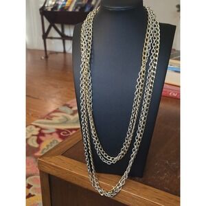 Two Lightweight Very Long Link Chain Necklaces Goldtone and Silvertone Vintage